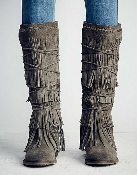 Baru Kedatangan Rumbai Panjang Sepatu Abu-abu Lace-Up Fringe Pertengahan Betis Suede Kulit Datar Kembali Ritsleting Dingin boots Plus Size 42