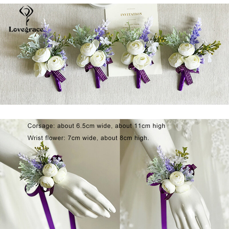 Lovegrace Charm Bracelets Wrist Corsage Bridesmaid Groom Boutonniere Artificial Flower Lapel Pin Brooch for Men Fashion Wedding