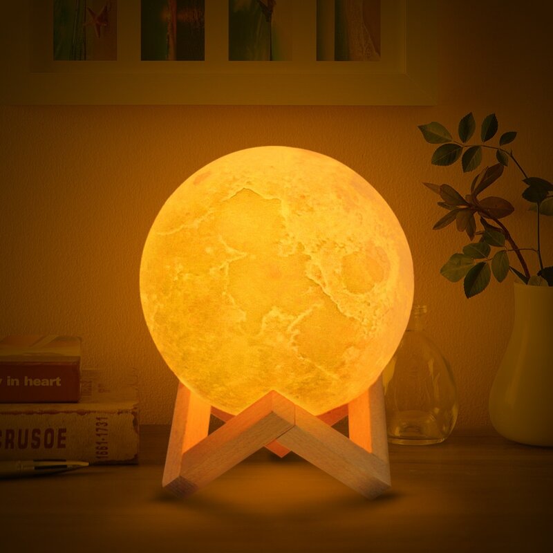 Lampe tactile imprimée lune en 3D, Rechargeable par USB, luminaire décoratif d'intérieur, idéal pour une chambre à coucher ou une bibliothèque, 2 couleurs, LED
