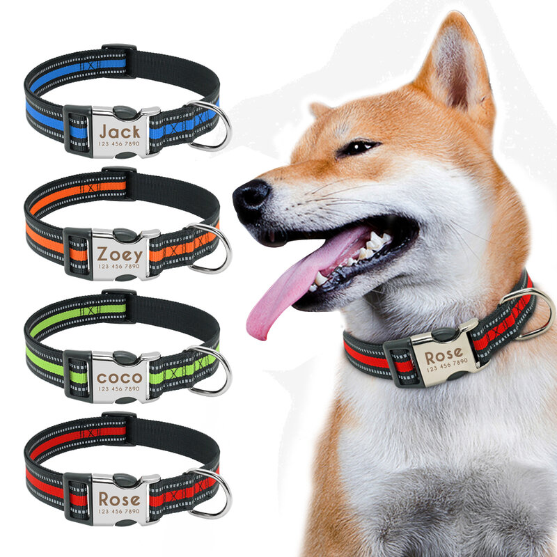 Collar de nailon para perro, personalizado con placa de etiqueta de identificación grabada para mascota, reflectante, perros pequeños, medianos y grandes