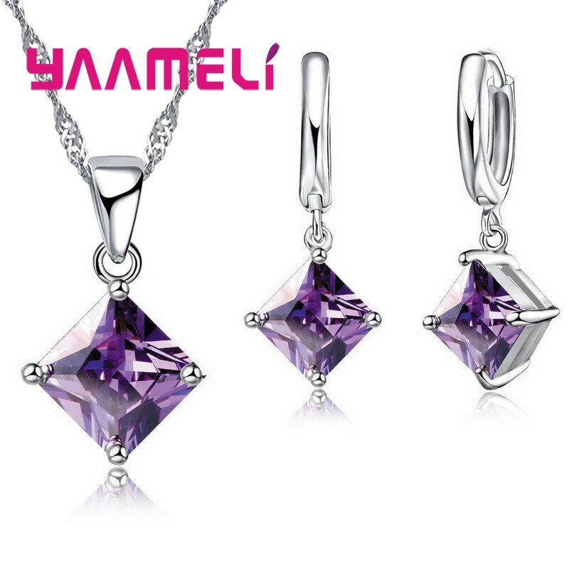New Fashion Women Pendants Necklace Simple Geometry Square Earrings Crystal 925 Sterling Silver Jewelry Sets for Wedding