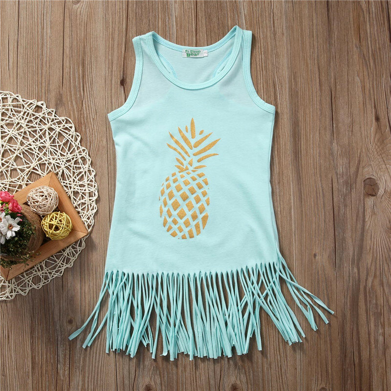 Maluch dzieci niemowlę dziewczynek sukienka bawełna owoce ananas bez rękawów plaża styl Tassel sukienek letnia Sundress