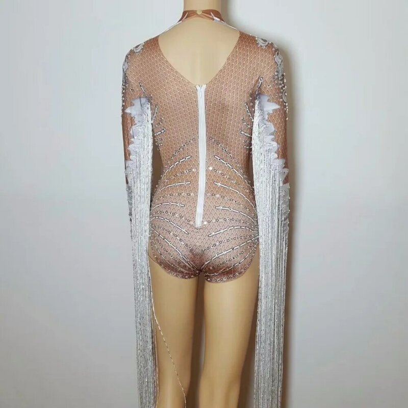 Sexy Nude Stage Tassel Bodysuit White Dance Costume Rhinestones Outfit Performance Women's Stage Clothing Show Party Dance Wear