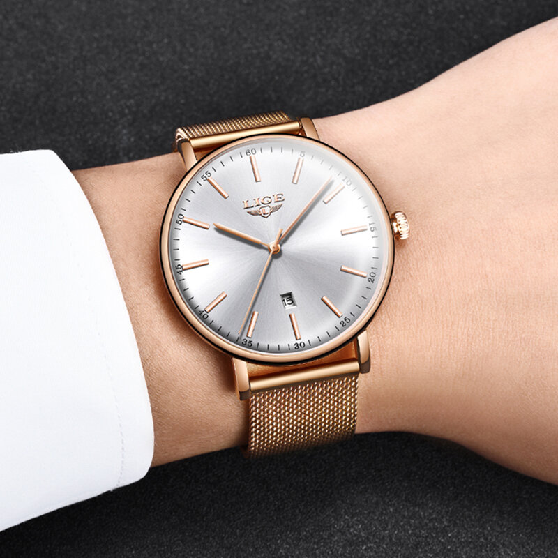 LIGE-Relógio de pulso feminino impermeável de aço inoxidável, ultra fino, casual, marca de topo, luxo, moda