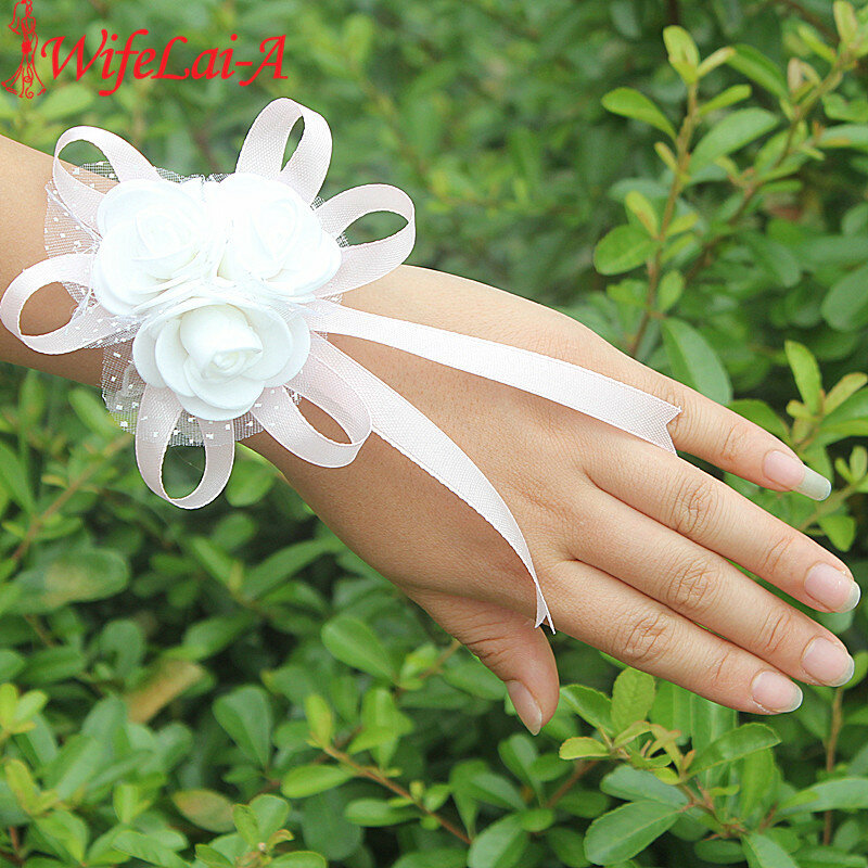 Wifelai-A PE Rose Flowers Ribbon, Bride Wrist Flowers, Silk Lace, Corsages casamento, muitas cores, damas de honra
