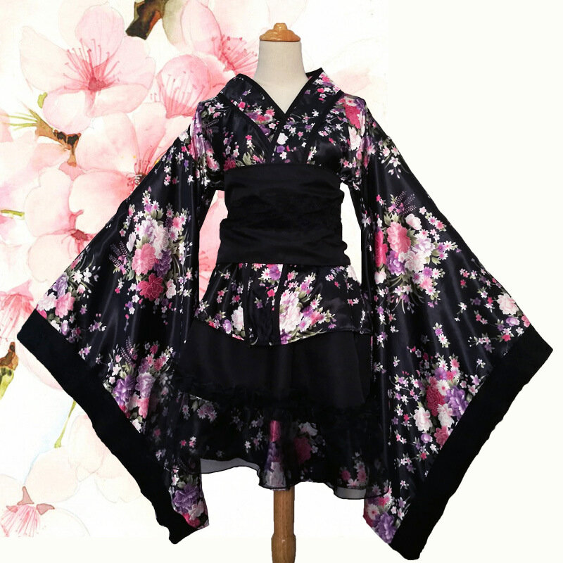المرأة مثير كيمونو ساكورا أنيمي زي ثوب الكيمونو الياباني التقليدية طباعة خمر التقليد الأصلي الحرير يوكاتا فستان S-XXXL