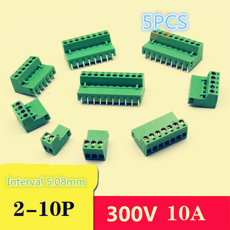 5 piezas YT493, bloque de terminales enchufable, conector 2EDG5.08, 300V, 10A, 2/3/4/5/6/7/8/9/10P, aguja curva
