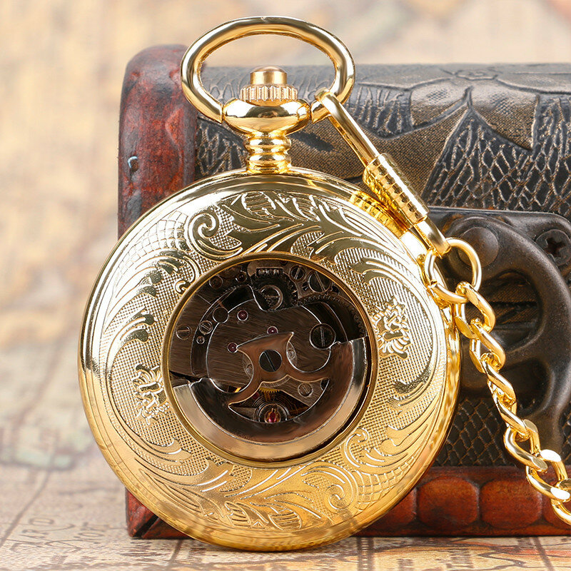Relógio de bolso mecânico retro numeral romano, relógio automático, esqueleto mecânico, analógico, vento automático, luxo, escudo dourado