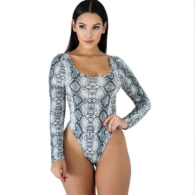 Macacão feminino estampado sensual, macacão de pele de cobra do padrão de manga comprida, venda quente de macacão de algodão apertado, 2019