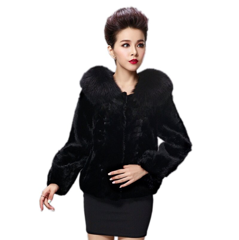 Abrigo de piel de visón Natural para mujer, abrigo de lujo con cuello de piel de zorro, cálido, VF5013