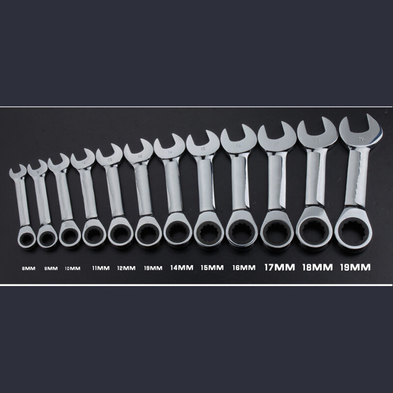 New 8mm-19mm Reversible Combination Stubby Single Wrench Stubby Combination Ratchet Socket Spanner Nut Tool Repair Tools Set