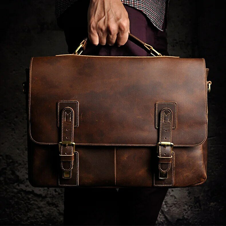 Men Crazy Horse Leather Retro Designer Business Briefcase Document Laptop Case Male Fashion Portfolio Attache Shoulder Bag 8069