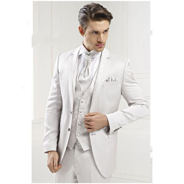 Ternos brancos masculinos 3 peças, blazer masculino com lapela entalhada, jaqueta de dois botões, smoking, terno masculino, customizado, blazer (jaqueta + calça + colete)