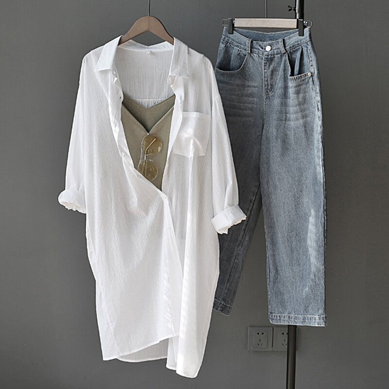 Женская Офисная рубашка с карманами, белая свободная однобортная рубашка с длинным рукавом и пуговицами, весна-осень 2020