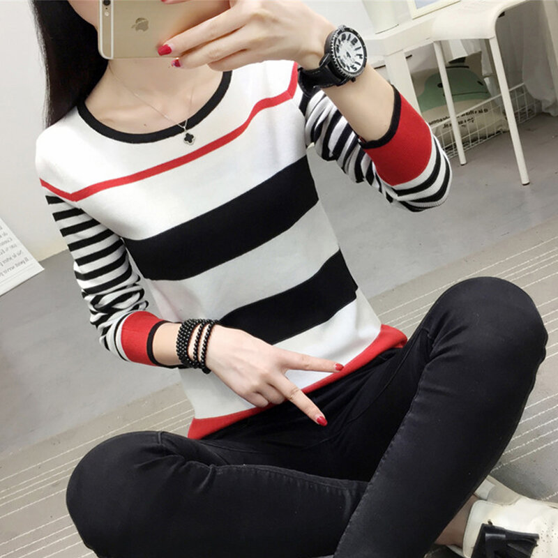 White Striped Round neck Pullovers Winter knit simple jumper elasticity Sweaters Autumn feminino Long Sleeve Women Clothing 2018
