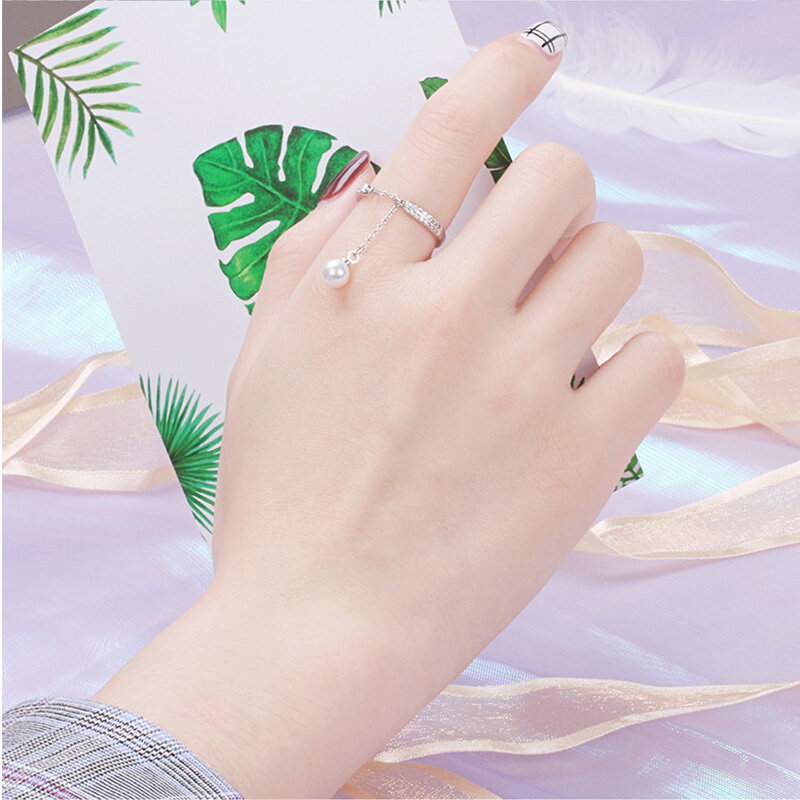 Anenjery prata cor aaa zircão anéis simulado pérola corrente borla ajustável anéis para jóias femininas atacado