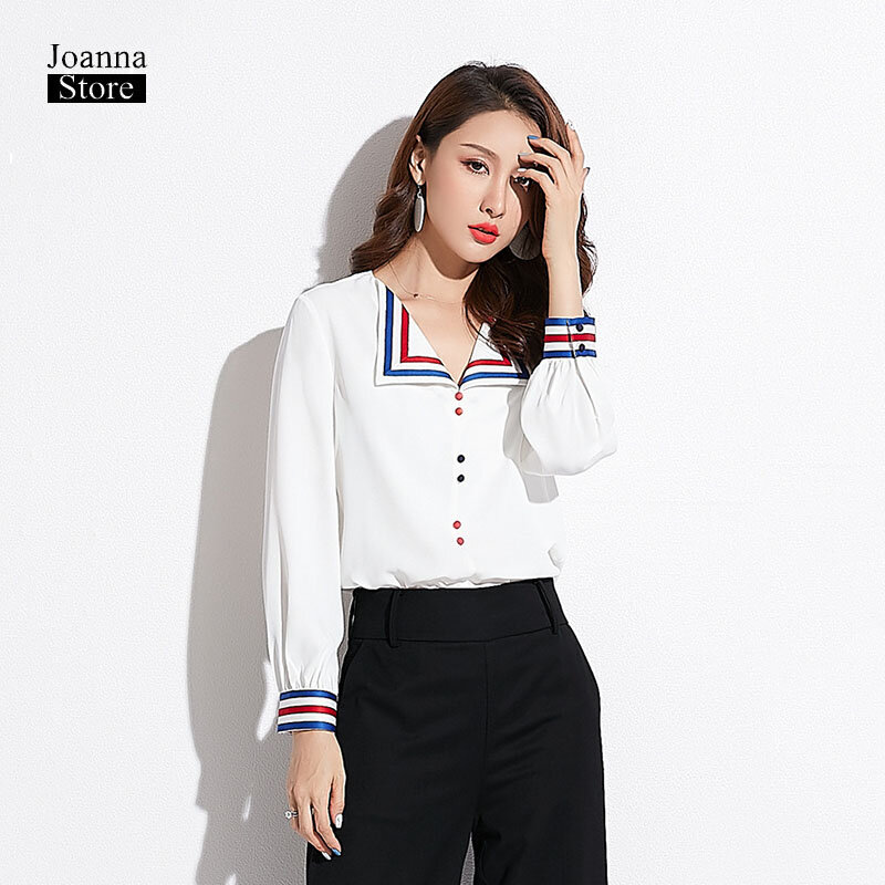 Sailor collar striped shirt vintage elegant blouse women casual womens tops and blouses chiffon plus size loose summer clothes