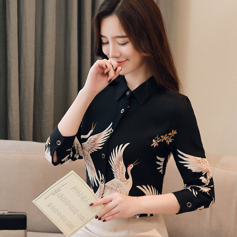 , Wiosna, jesień, elegancki, żuraw drukuj szyfonowa koszula 2019 new arrival japonia styl vintage czarny z długim rękawem kwiatowy print bluzka