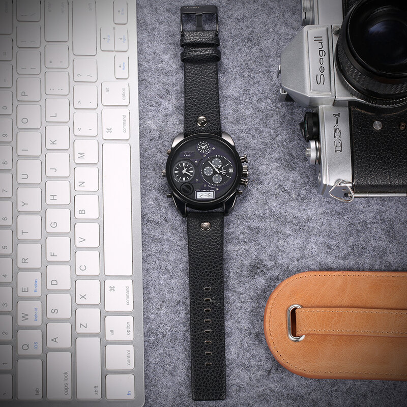 Wristwatch Leather Strap Male Clock Watch Man Luxury Brand Cagarny Men's Quartz Watches Waterproof Date Dual Times Relogio gifts
