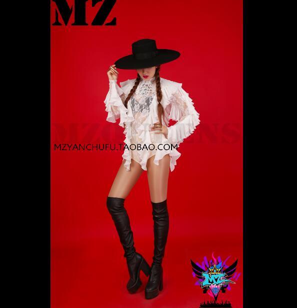 Chaude nouvelle chanteuse femmes Dj Beyonce épicé poulet blanc Transparent dentelle vague dentelle Parties, boîtes de nuit combinaison Costumes B138