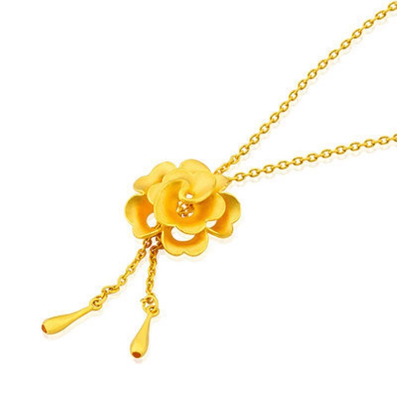 OMHXZJ-Colgante de oro amarillo de 24KT para mujer y niña, collar con borla rosa, regalo de boda, moda europea, CA281