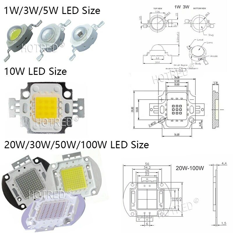 Bombilla LED de alta potencia, 1W, 3W, 5W, 10W, 20W, 30W, 50W, 100 W, Chip COB, blanco frío cálido, rojo, verde, azul, 1, 3, 5, 10, 20, 50, 100 W