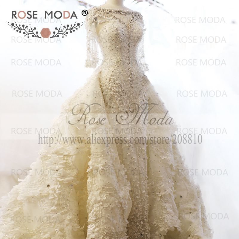 로즈 모다 리얼 사진 럭셔리 크리스탈 3D 플라워 웨딩 드레스, 긴팔 맞춤 제작