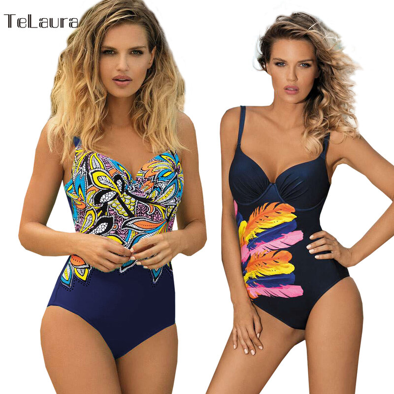 Vindima Um Pedaço Swimsuit Swimwear 2019 Mulheres Empurrar Para Cima Monokini Bodysuit Plus Size Swimwear Beach Wear Maiô Retro Feminino