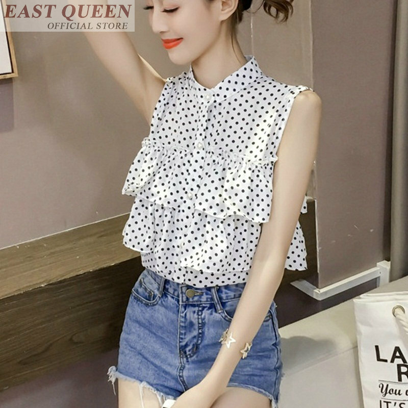 Women summer blouse 2018 stand sleeveless polka dot print ruffles chiffon blouses shirt female fashion ladies tops DD579 L