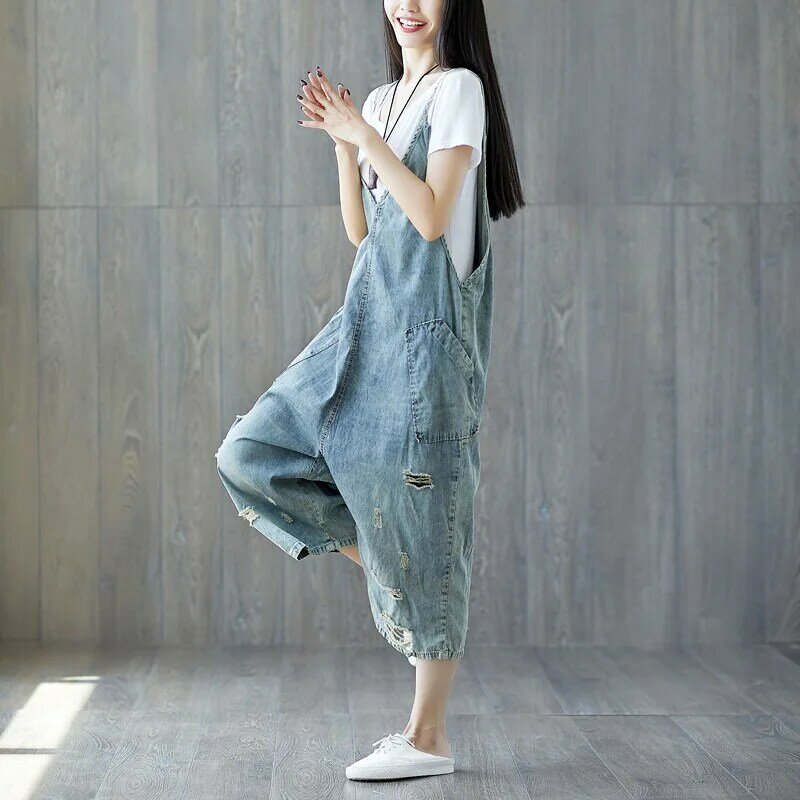 Macacão feminino fino branqueado, macacão jeans rasgado de pernas largas tamanho grande com zíper de virilha industrial 2018