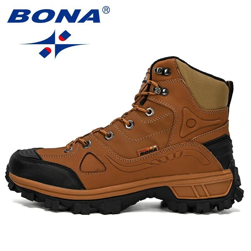 Bona novos designers de couro caminhadas sapatos homens inverno ao ar livre esporte shoestrekking montanha atlético sapatos homem