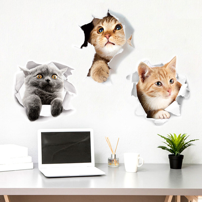Pegatinas de pegatina de pared de baño 3D para decoración del hogar, póster de papel tapiz de gatos, perros vívidos, vista de agujero, animales, pegatinas artísticas de vinilo
