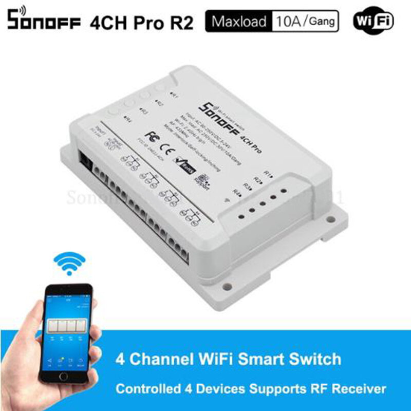 Sonoff 4CH Pro R2, Smart Wifi Switch 433MHz RF Wifi Light Switch 4 Gang 3 Working Modes Inching Interlock Smart Home With Alexa