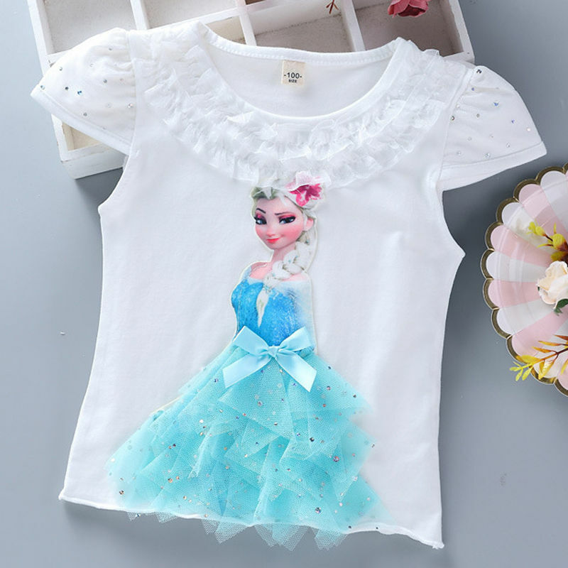 Новые летние комплекты одежды для девочек Детские хлопковые футболки с рисунком Эльзы, кружевная футболка принцессы + длинные штаны, леггин...