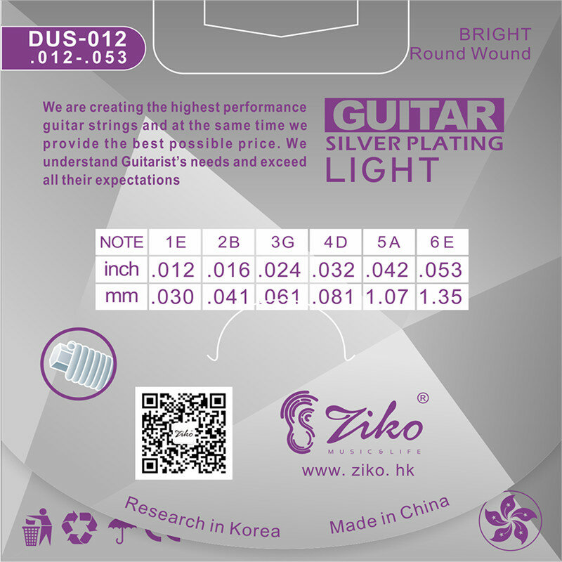 ZIKO-DUS 010 011 012 Cordas de guitarra acústica, núcleo de aço carbono hexagonal, chapeamento de prata, acessórios instrumentos musicais, peças