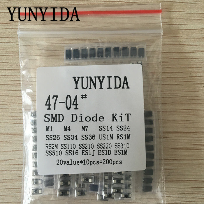 Kit surtido de diodos SMD, 20 valores x 10 unidades, contiene SS110, SS220, SS210, SS310, SS510, SS16, SS26, SS34, SS36, ES1J, ES1D, M7, M4, US1M, 200 unidades por lote