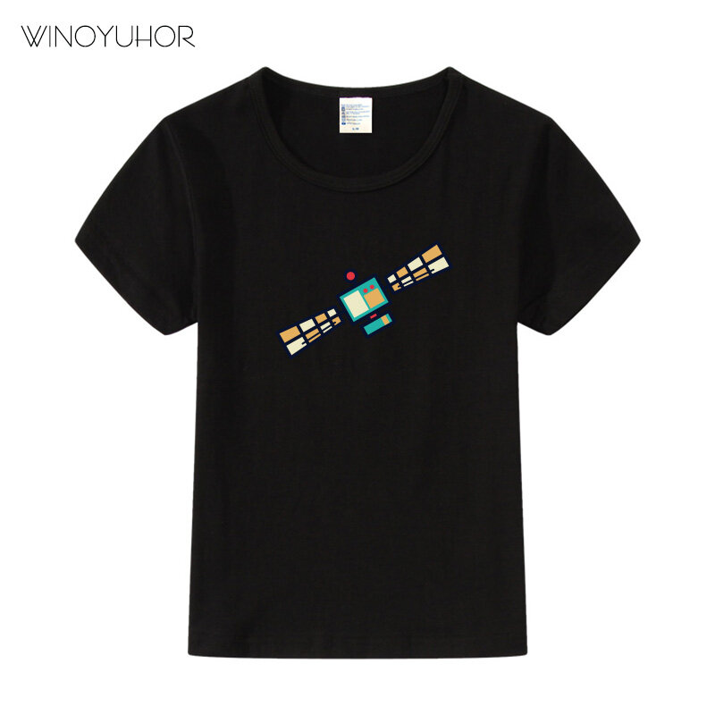 Забавная детская футболка с искусственным спутником, новинка 2023, летние футболки для мальчиков и девочек, детские крутые футболки с принтом, топы