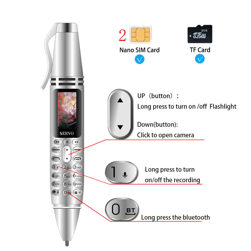 K07 القلم هاتف محمول صغير 0.96 "شاشة صغيرة المزدوج سيم GSM بلوتوث طالب كاميرا مصباح يدوي الهواتف المحمولة مع قلم تسجيل