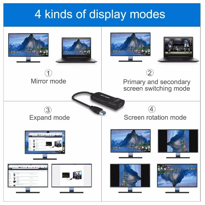 Wavlink USB 3.0 To HDMI-Tương Thích DVI Video Graphics Adapter 2K Bên Ngoài Video Adapter Thẻ Mở Rộng/Mirror dành Cho Windows Mac M1 M2