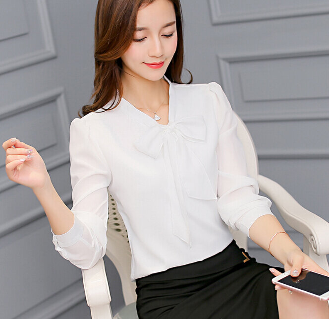 Koreanische frühling sommer shirt frauen clothing schlank anzeigen thin langarm weiße bluse shirt mode chiffon-frauen arbeiten vestidos