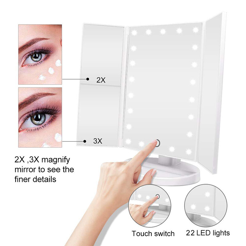 DONWEI 22 LED Touch Screen Makeup Mirror 1X 2X 3X 10X Magnifying Mirrors 4 in 1 Tri-Folded Desktop Makeup Mirror Lights