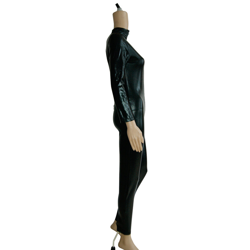 Sexy PVC lateks Catsuit kobiety czarny otwórz biust Wetlook body kombinezon egzotyczne trykot kombinezony noc Clubwear kostium taneczny