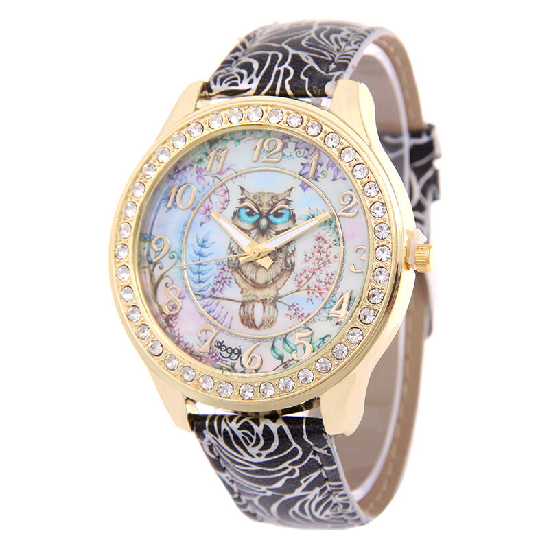 MINHIN Топ бренд Роскошные наручные часы дамы Роза шаблон Leater браслет часы сова дизайн золото горный хрусталь повседневные часы Relojes