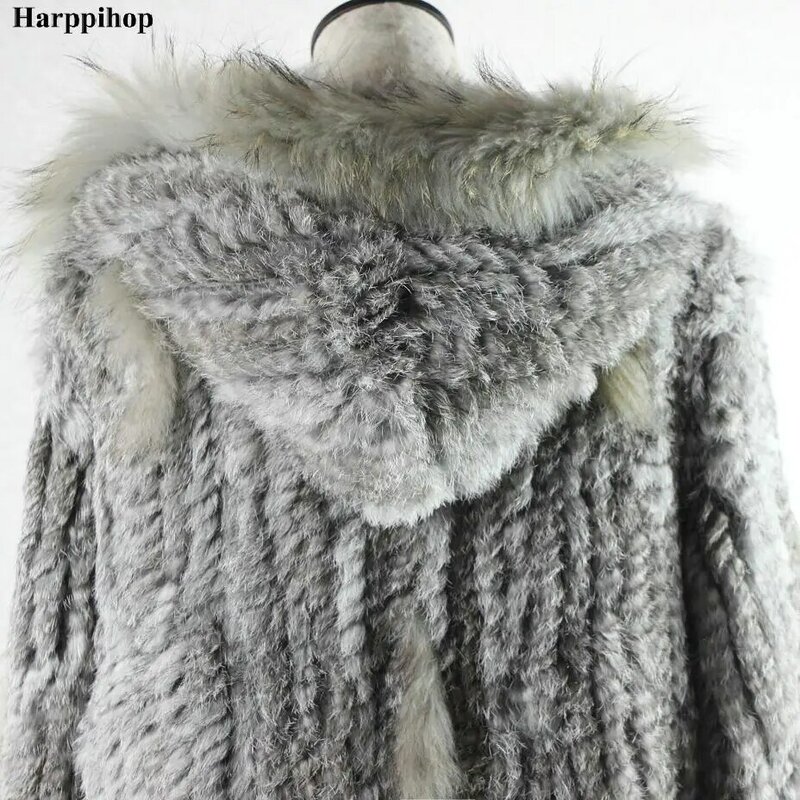 Real Fur Coat With Hood 2023 lady knitted Real rabbit fur coat/ jacket/ outware with hood women belt long with tassels