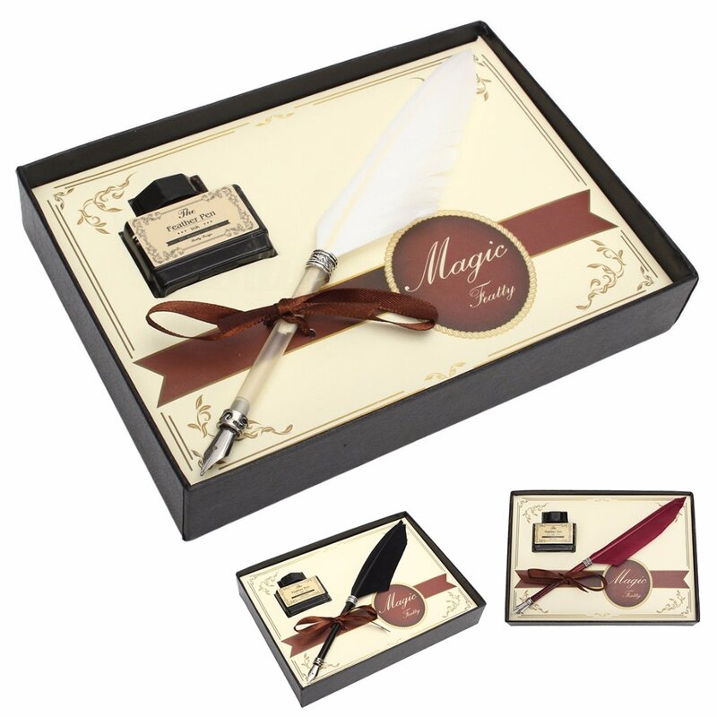 3Colors Feather Quill Metal Nib Brown Dip Pen Writing Ink Set With Box Gift 21 x 0.5cm