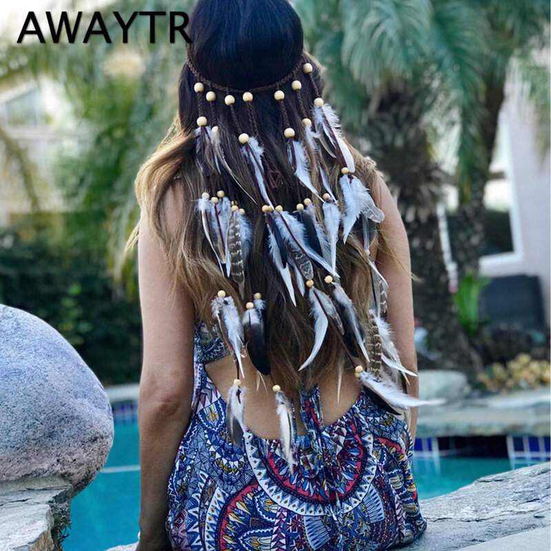 AWAYTR-Diadema de plumas bohemias para mujer, accesorios para el cabello de Festival, turbante de plumas de pavo real, diadema ajustable para mujer