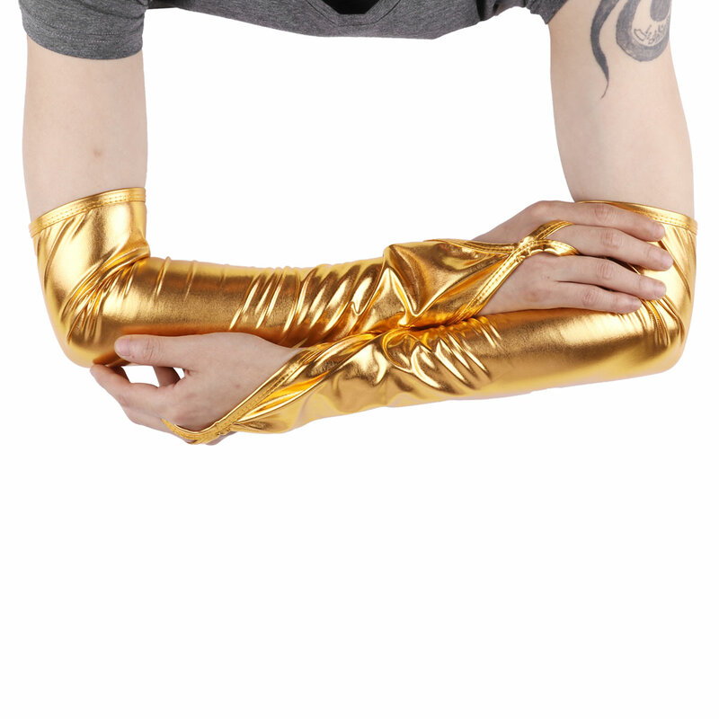 IEFiEL 여성용 손가락 없는 장갑 의상, 팔꿈치 길이, 반짝이는 금속 및 물고기 비늘 인쇄, 나이트 클럽 댄스웨어, 파티 선물