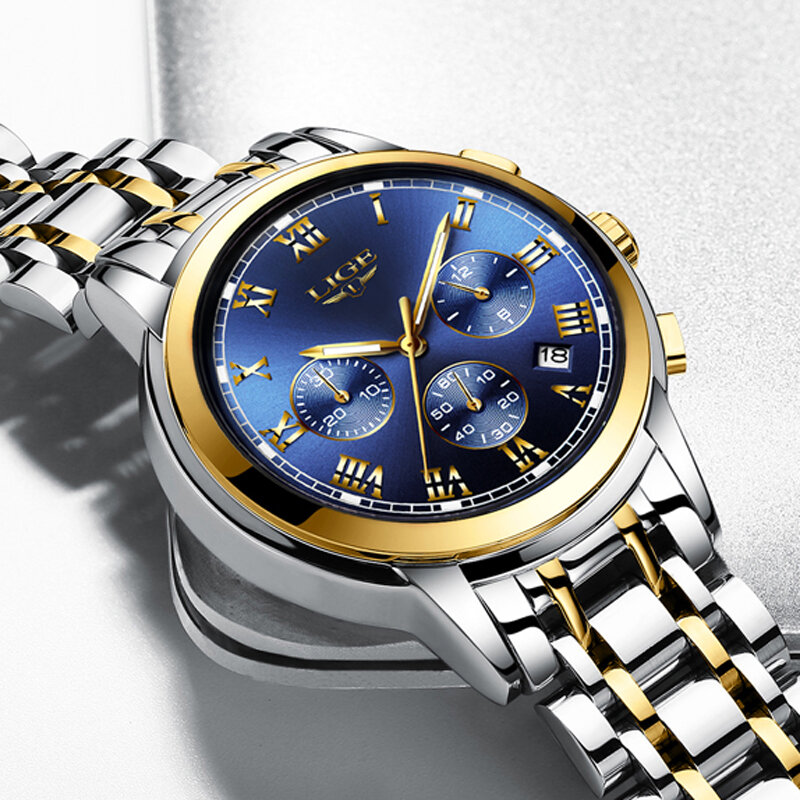Часы наручные LIGE Мужские кварцевые, роскошные Брендовые спортивные водонепроницаемые полностью стальные, с хронографом, 2022