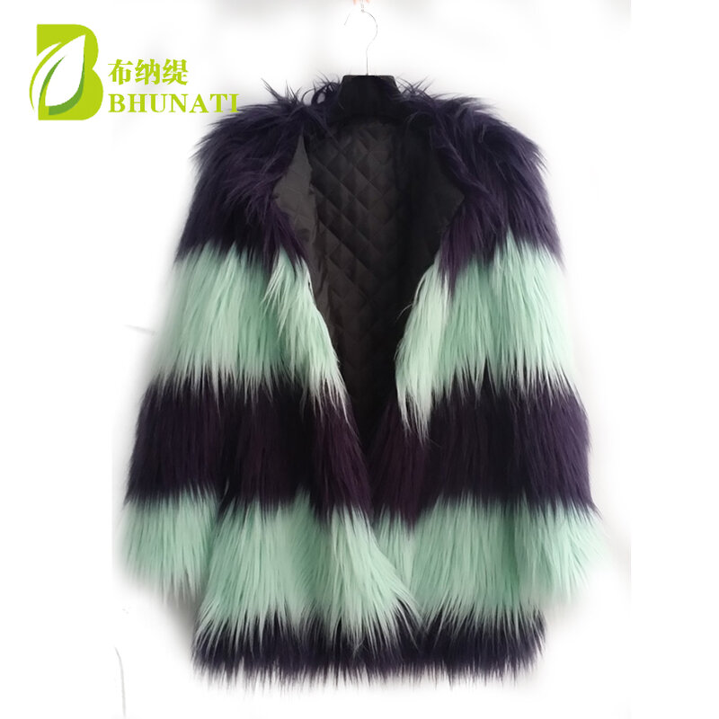 Bhunati Wanita Warna Kontrak Panjang Bulu Imitasi Mantel Lengan Panjang Bulu Buatan Mantel Kasual Furry Coat Wanita BNT137