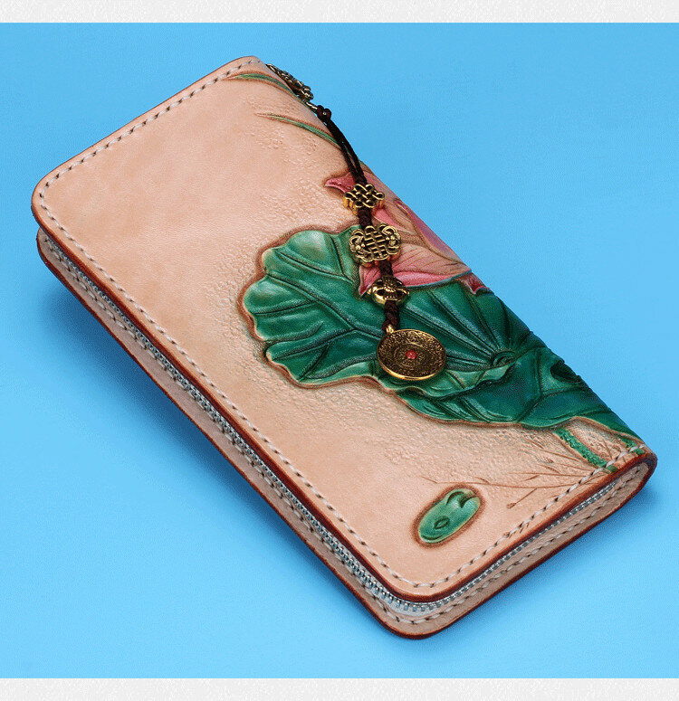 Bolsa de lótus de couro artesanal para mulheres, bolsas longas, carteira de couro bronzeada vegetal, presente do dia das mães